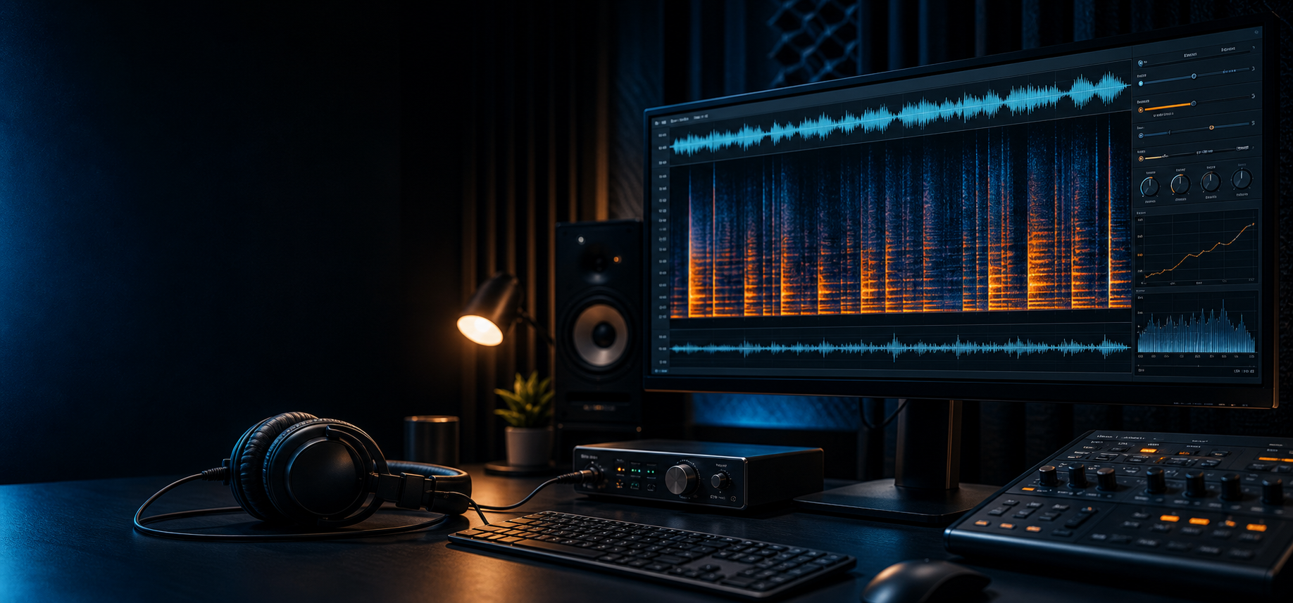 RX 12 tutorial screen with Voice De-noise settings and spectrogram